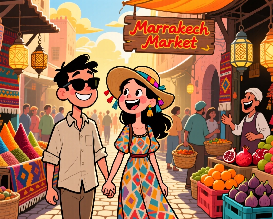 An iconic travel scene featuring a honeymooning couple wandering through a bustling market in Marrakech, as the golden afternoon light glows around them.