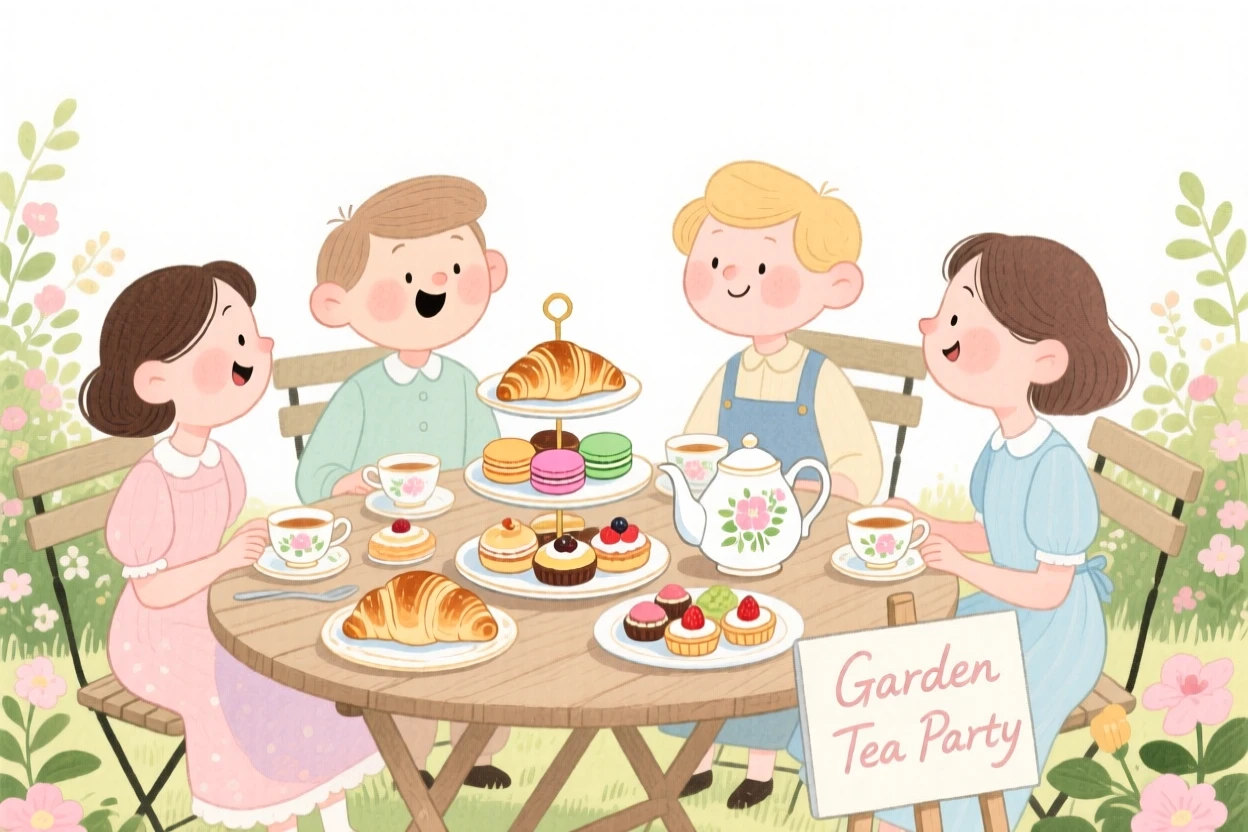 A cozy, appetizing, elegant and intimate scene of a garden tea party with tiered trays of pastries
