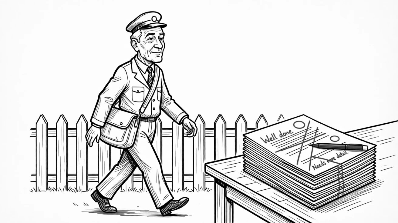 A retired postman reminiscing about his old delivery route, swinging arms gently in matching, unhurried strides, set over a low garden fence. Red pen marks trail across a stack of essays. The image honors a lifetime of stories worth telling.
