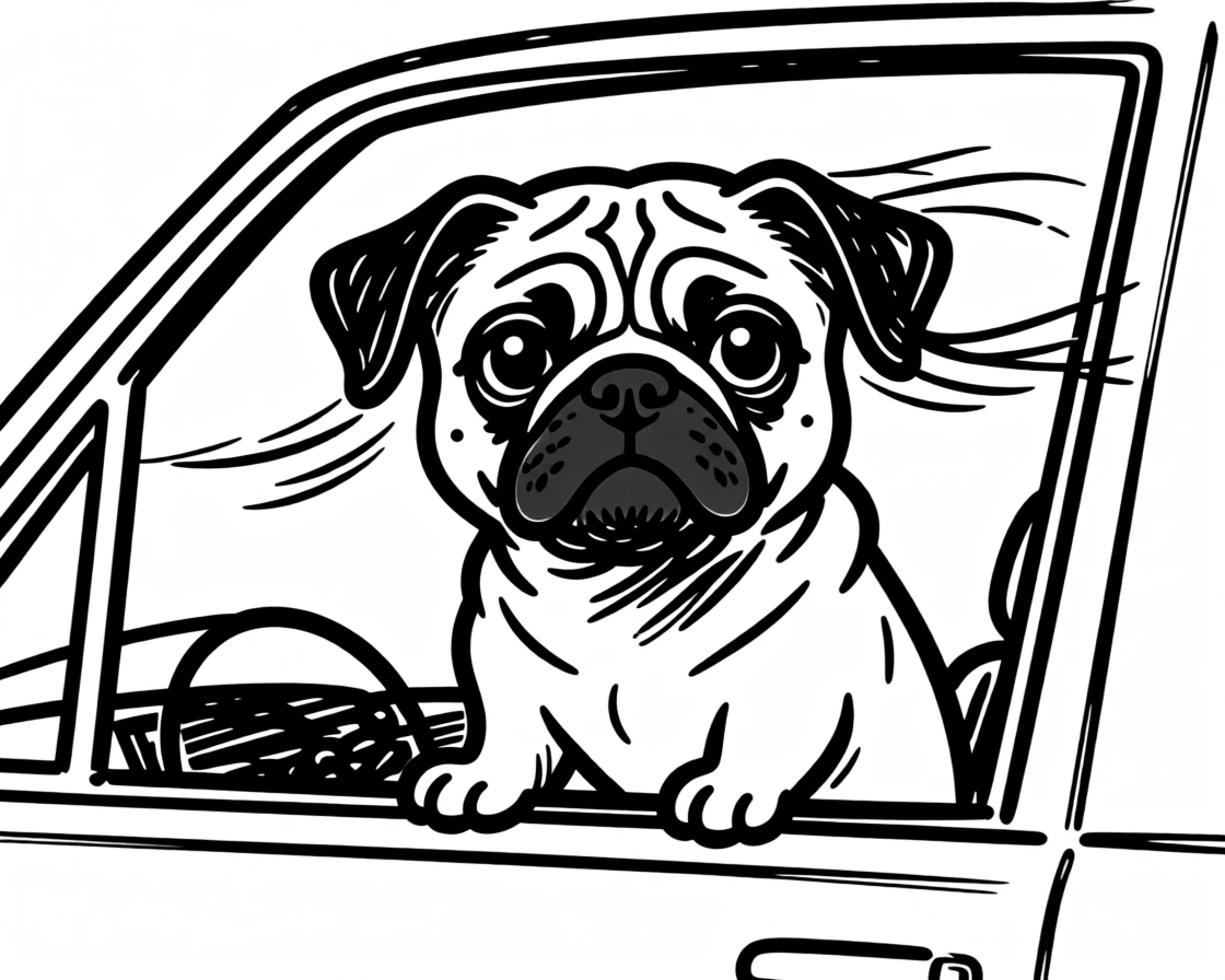A pug sitting attentively in a car window, ears flapping in the breeze.