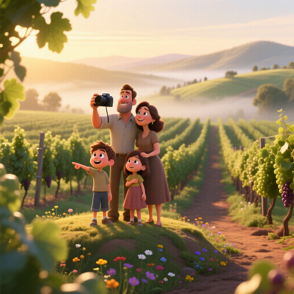A family taking in the view stands in a vineyard with rows stretching into the distance, snapping a photo of the breathtaking landscape. The mood is adventurous, peaceful, and awe-inspiring, with a light mist clinging to the distant hills.