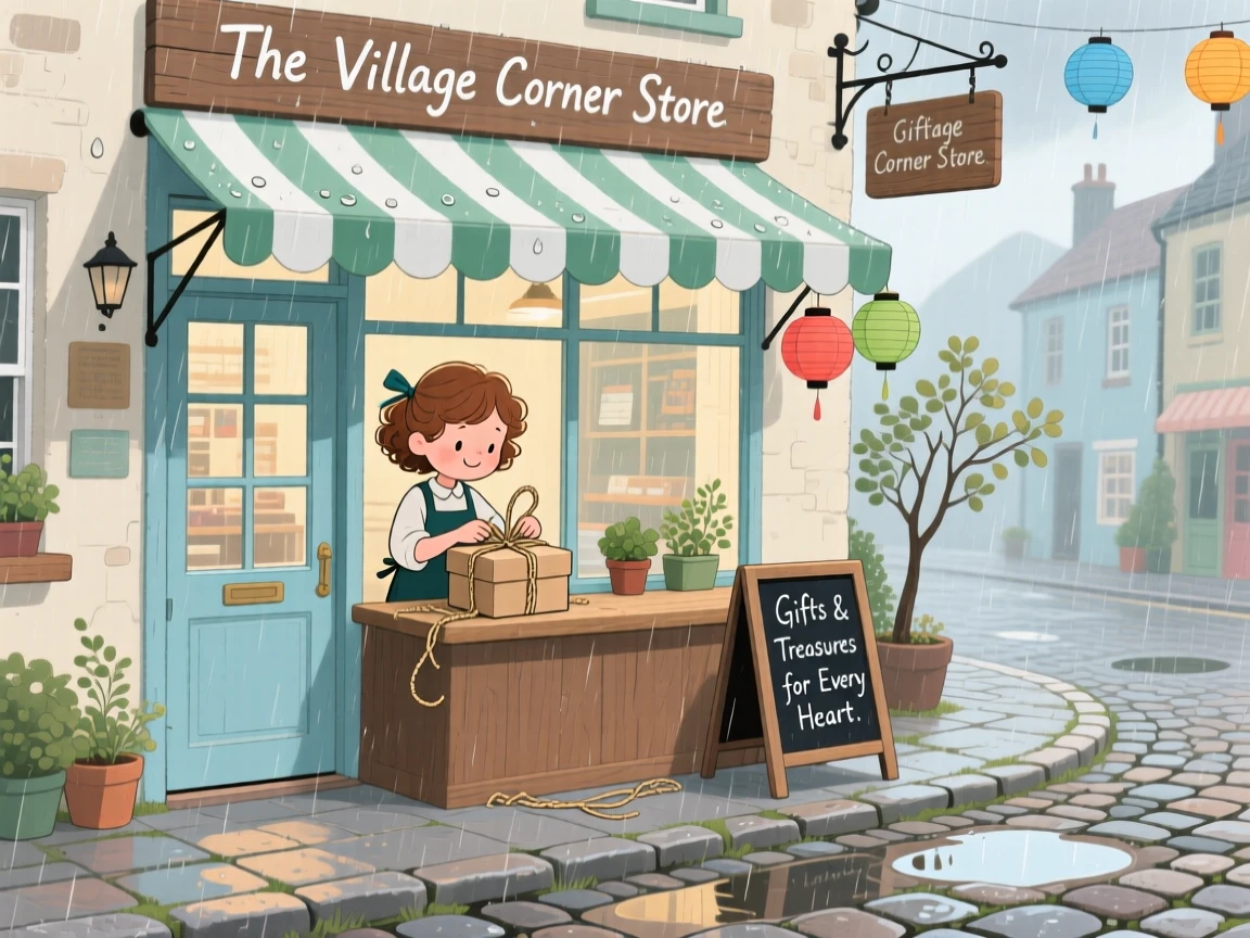 In a cobblestone village street, a young shopkeeper is busy wrapping a gift in brown paper and string, with a gentle rain pattering on the awning.
