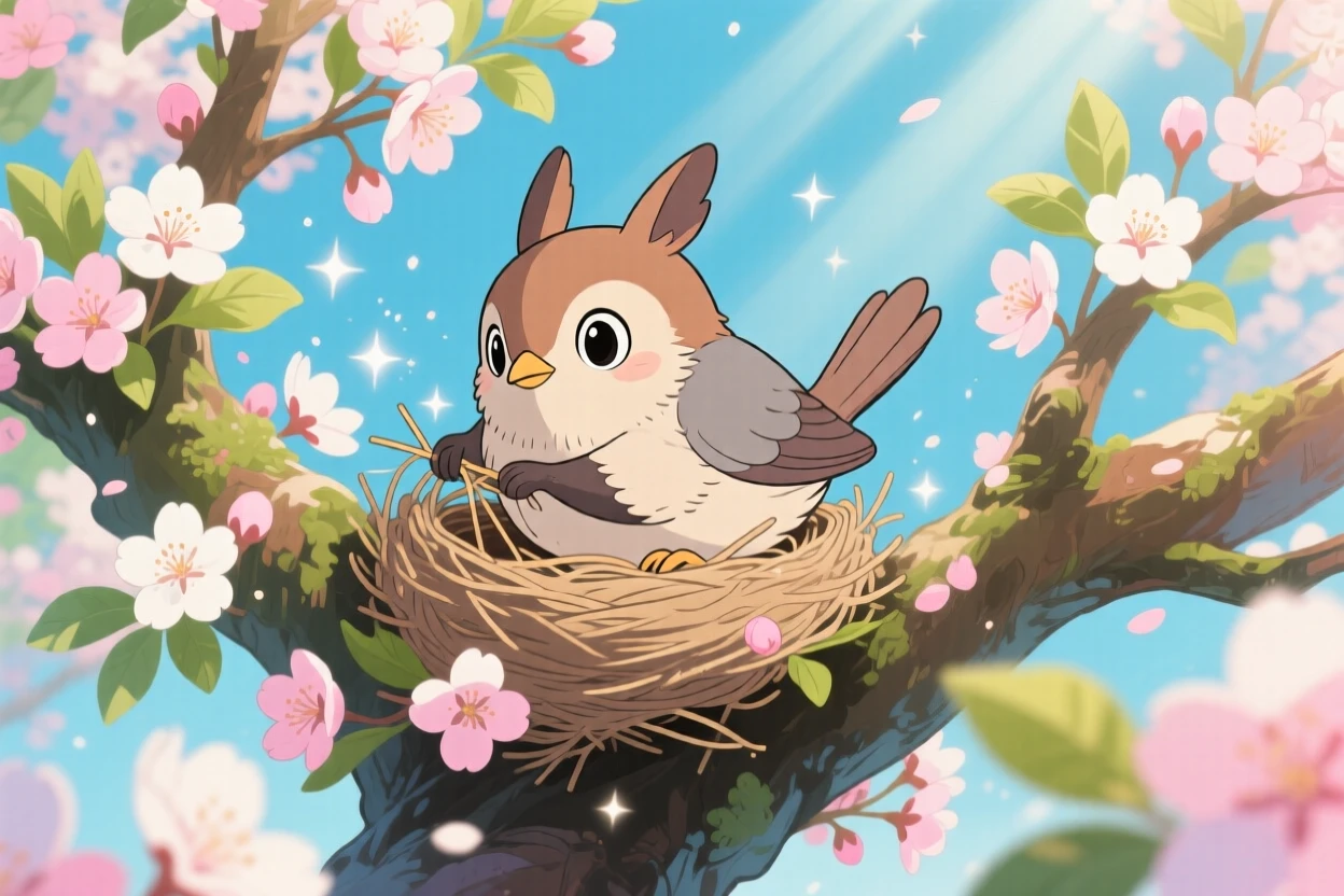 A bird building a nest in a blossoming tree, with a curious expression, ears perked up, radiating pure charm.