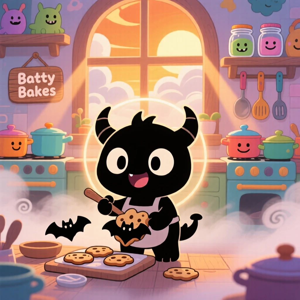 Silhouette composition of a tiny horned monster, baking cookies shaped like bats, in a cheerful monster kitchen, on a misty foggy morning, illuminated by rays of sunrise breaking through clouds, radiating wide-eyed wonder.
