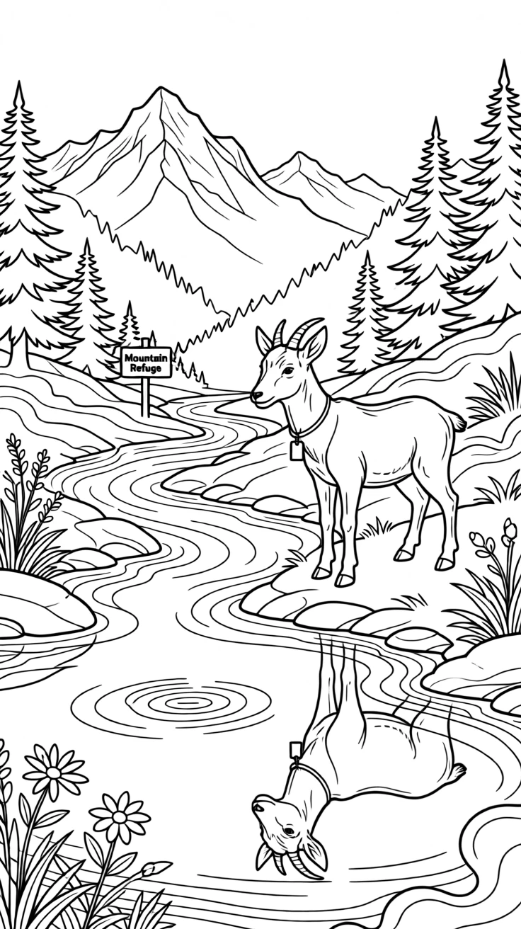 A mountain goat wading through a misty river, with its reflection rippling in a still pond.