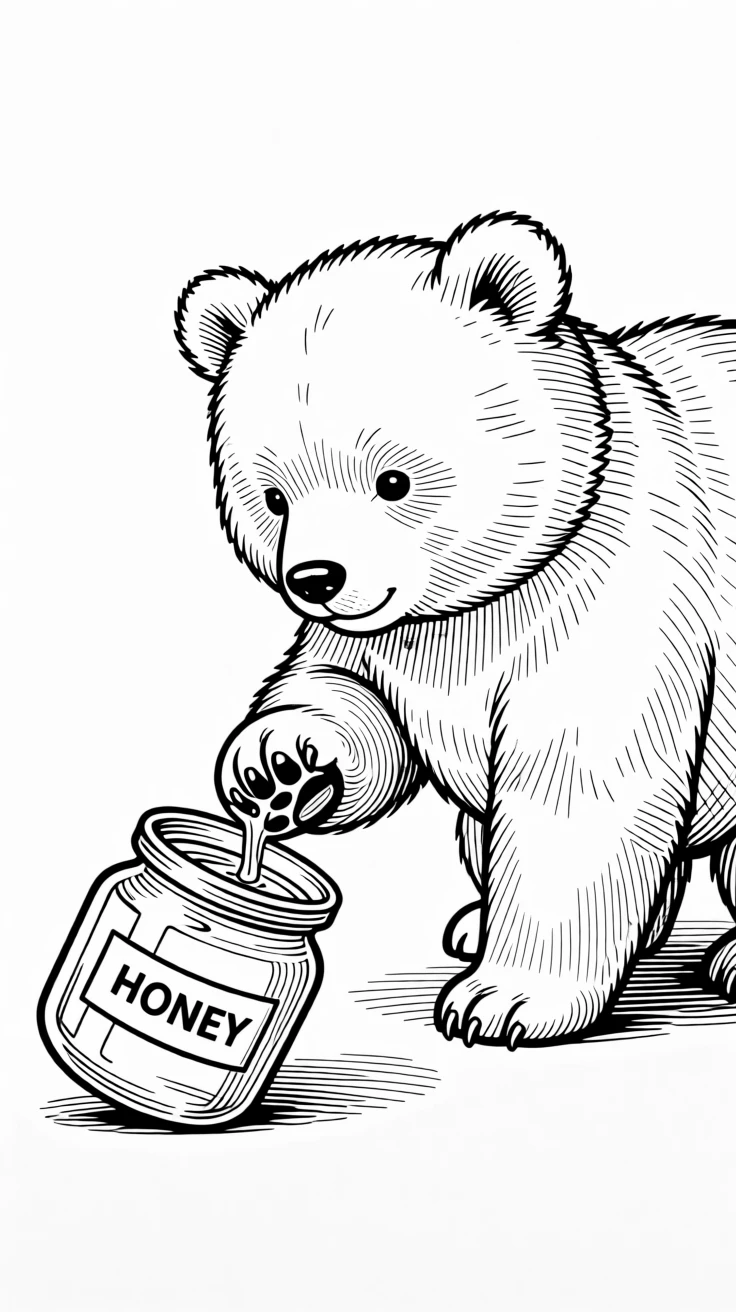 A chubby baby bear cub reaching for honey