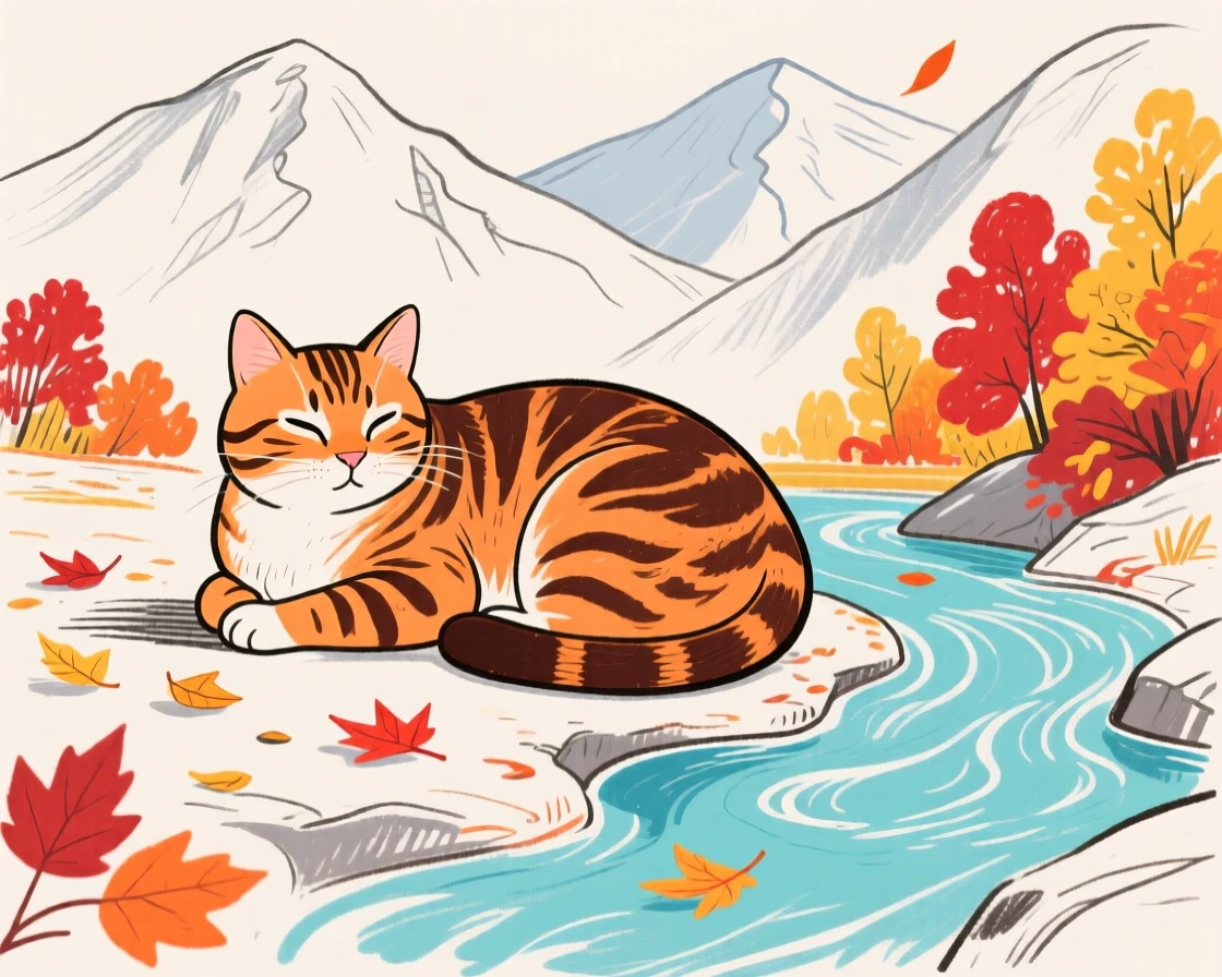 A tabby cat curled up together beside a mountain stream on a crisp autumn day.