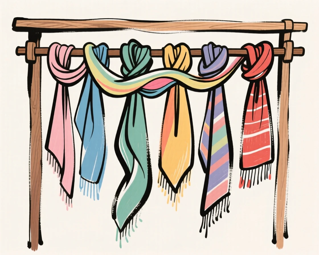 A collection of colorful scarves draped over a wooden rack.