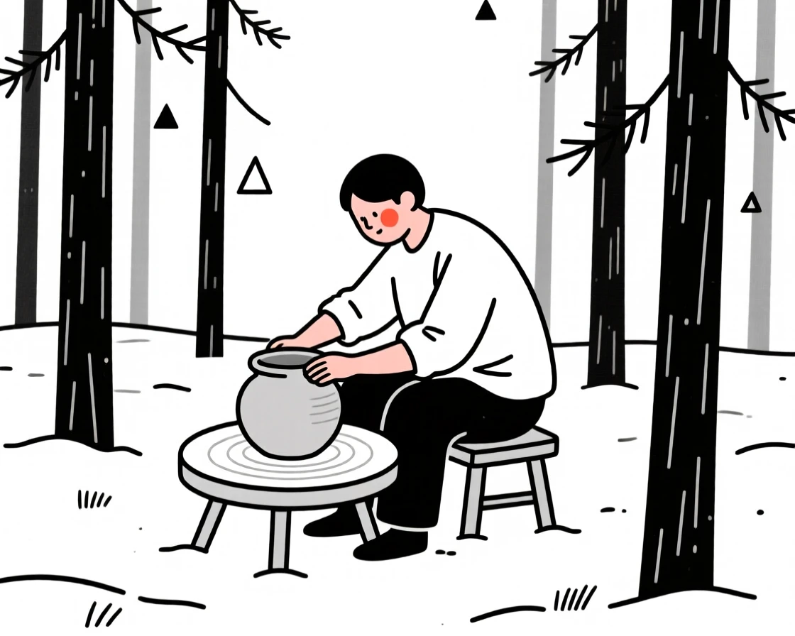 A potter shaping clay on a wheel in a snow-covered pine forest.