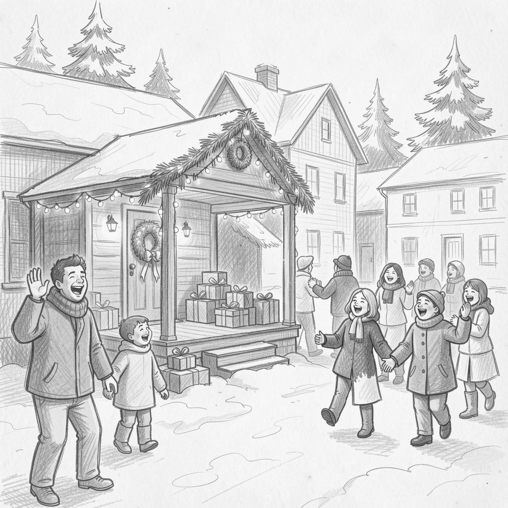A joyful holiday moment: a snowy village square glowing with festive lights on a decorated porch, with laughter and joy filling the scene.