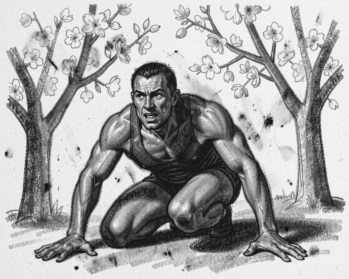 An athlete overcoming a fall to rise and finish the race, beneath blossoming trees in full bloom.