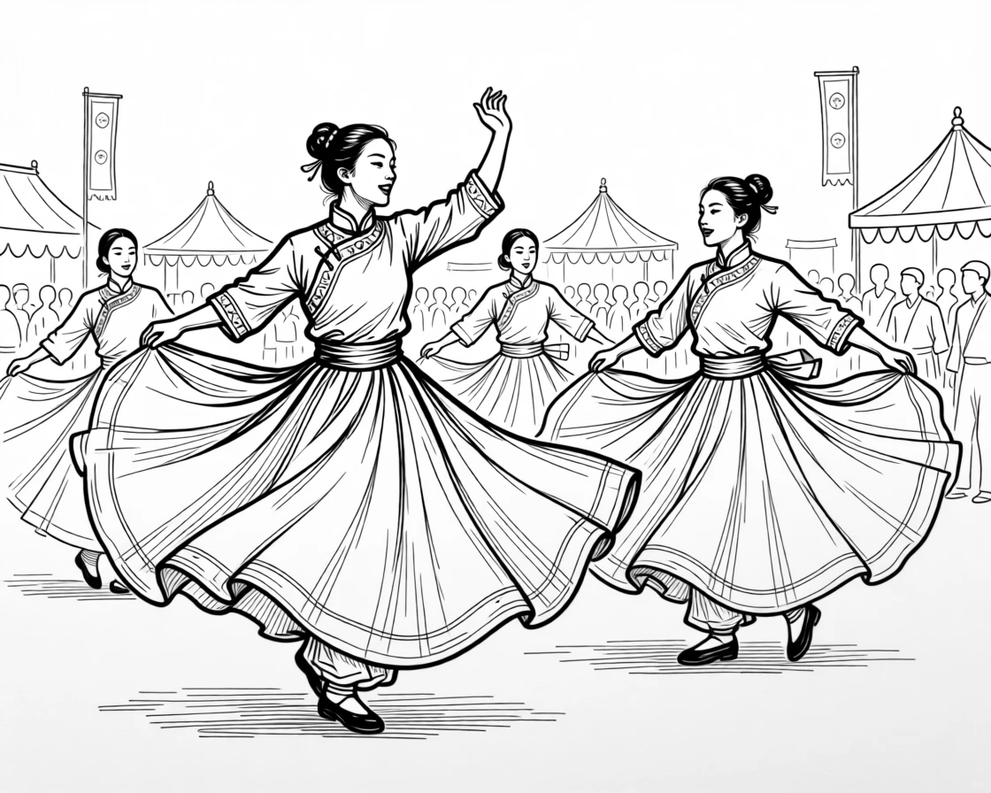 A colorful traditional festival with dancers spinning in flowing skirts.