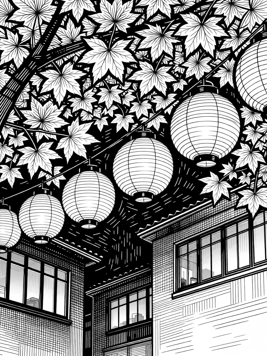 A string of paper lanterns during a summer festival under a canopy of autumn leaves in every shade of gold, with warm light spilling from every window, capturing a cozy and heartwarming seasonal moment.