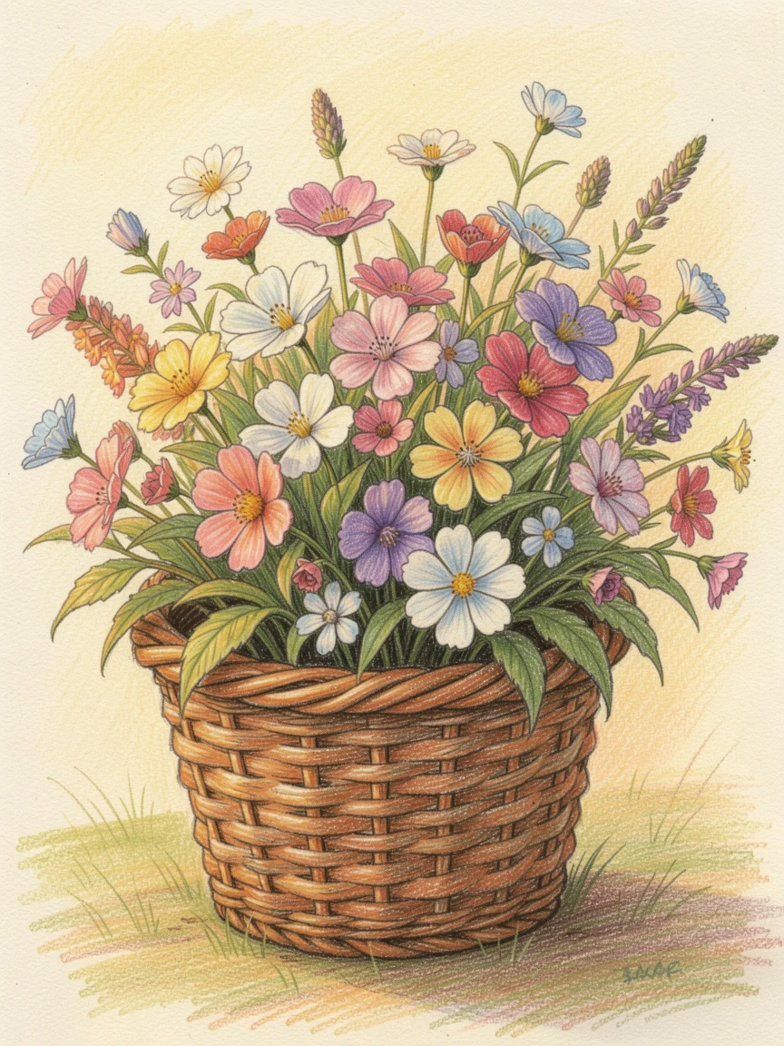 A wildflower bouquet gathered in a woven basket at golden hour, with soft, natural light bringing warmth to every detail, perfect for anyone drawn to gentle, heartfelt imagery.