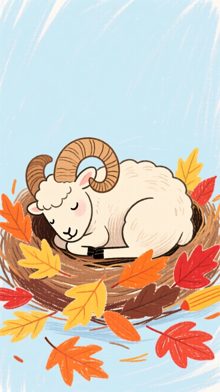 A bighorn sheep curling up in a nest of dry leaves for winter.