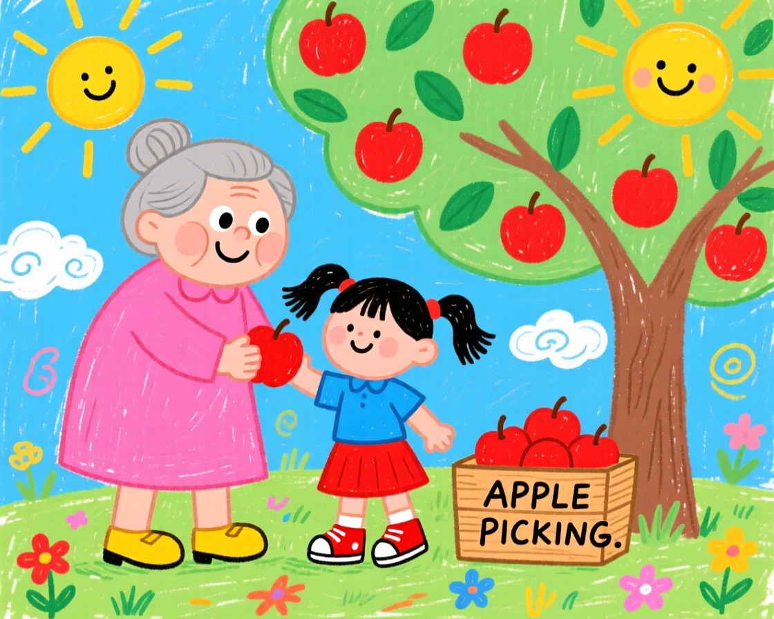 A grandmother and granddaughter picking apples in an orchard.