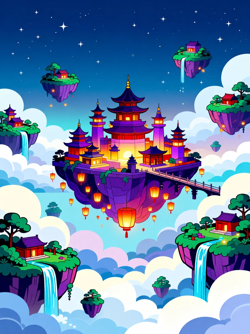 A floating lantern city glowing softly above misty clouds, set within a dreamlike sky filled with floating islands, framed with a grand, sweeping sense of wonder and scale, with rich jewel tones that evoke wonder and imagination.