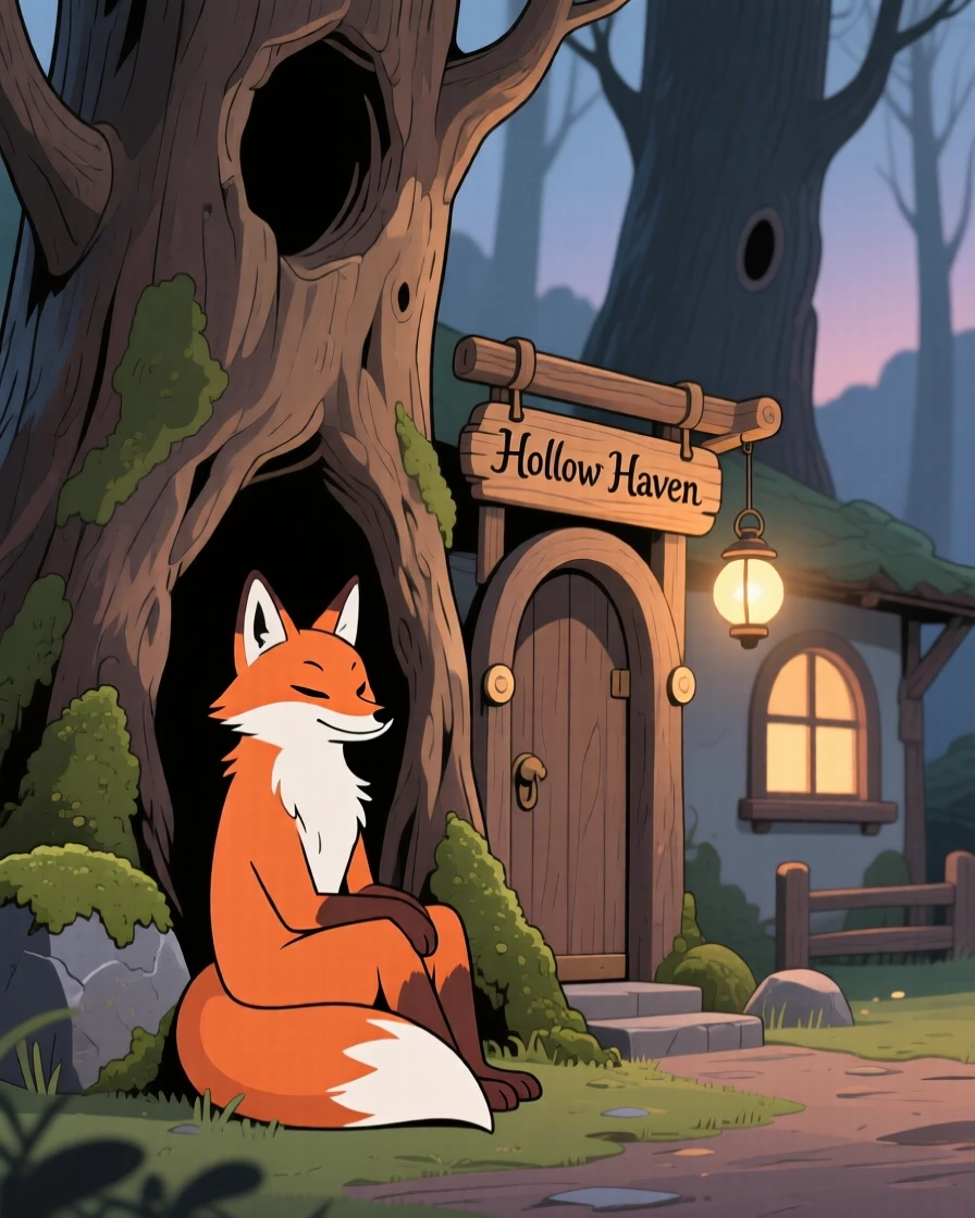 A talking fox spirit resting quietly near a hollow tree village.
