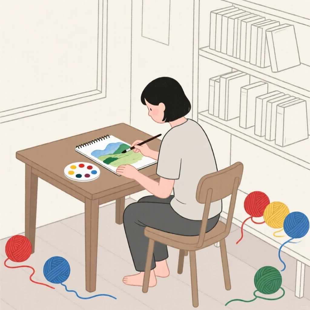 A person painting a watercolor landscape in a small home library, surrounded by balls of colorful yarn, showing peaceful absorption.
