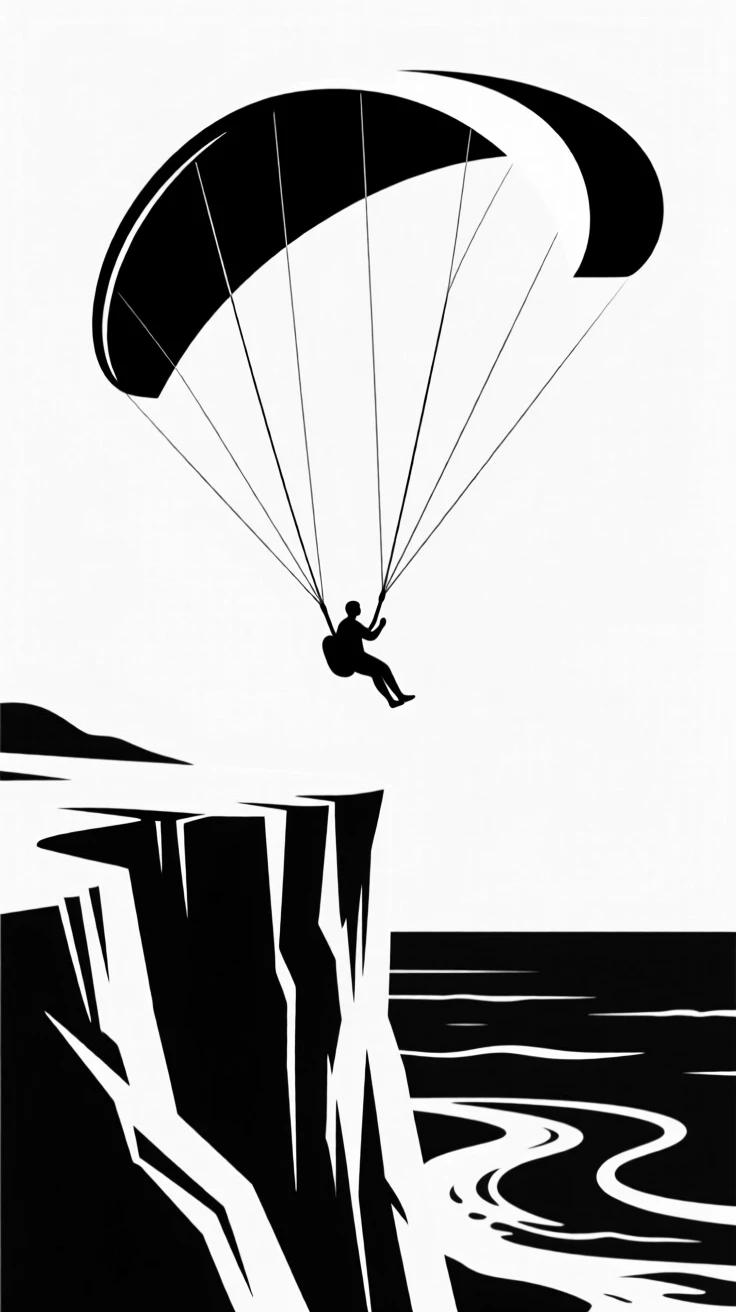 A paraglider soaring above a coastal cliff.