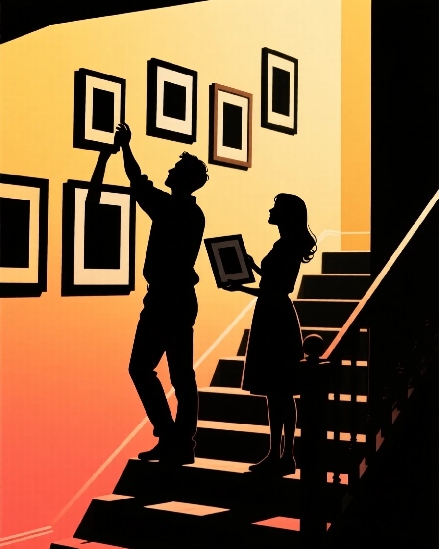 A couple hanging a gallery of framed photos along a staircase wall.