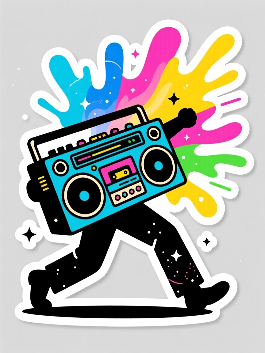A dynamically posed retro boombox blasting colorful sound waves, caught mid-action with dramatic energy, in an epic imaginary universe.