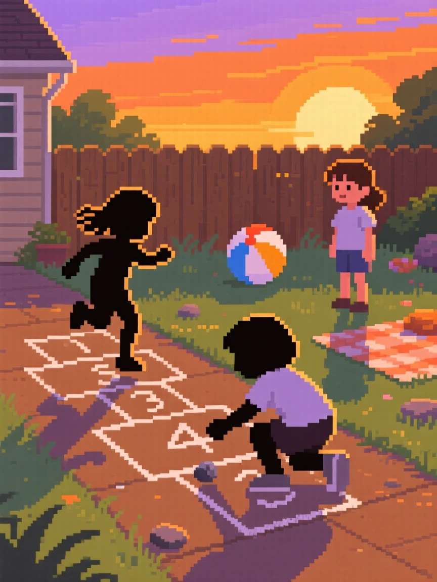 Kids playing hopscotch framed by a glowing orange sunset, in a backyard set up for a summer evening.
