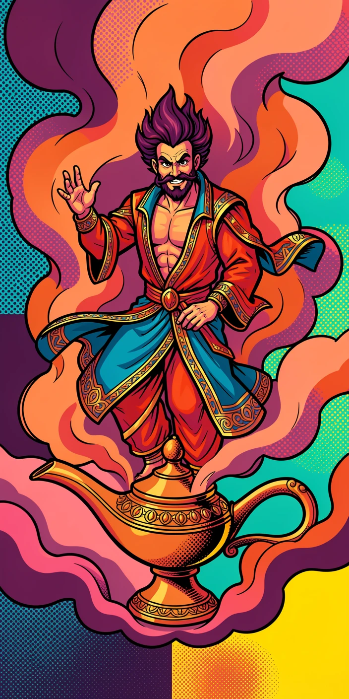 A genie emerging in a swirl of late-day smoke from a lamp