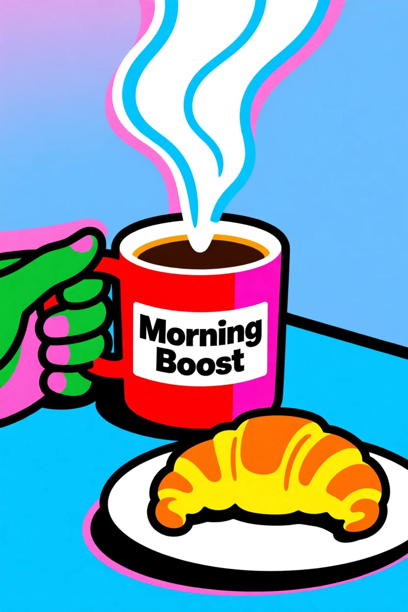 Morning coffee ritual with a steaming mug and croissant
