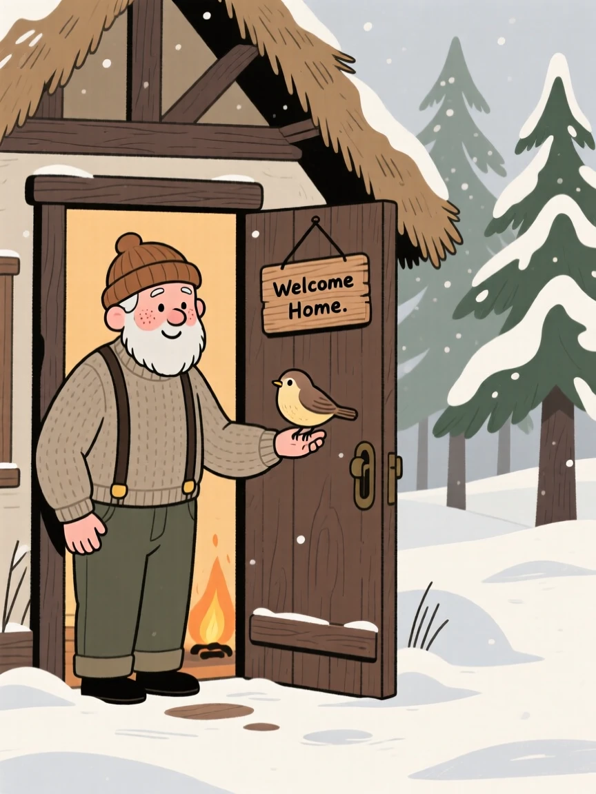 A kind old woodcutter stands at the door of a thatched cottage tucked into a snowy forest, welcoming a small bird inside from the cold.