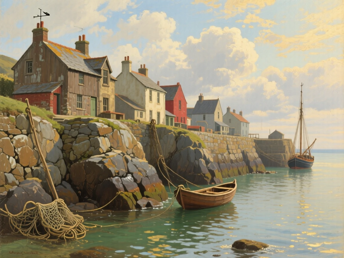 A well-framed scene of a row of fishermen's cottages along a rocky harbor wall, in the golden age of steam travel, beneath drifting clouds.