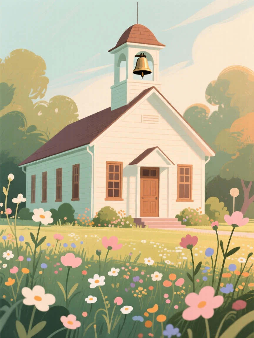 A vintage schoolhouse with a bell tower and a garden of wildflowers