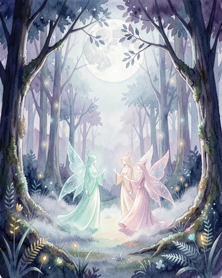 A moonlit clearing where woodland spirits gather bathed in soft magical light.