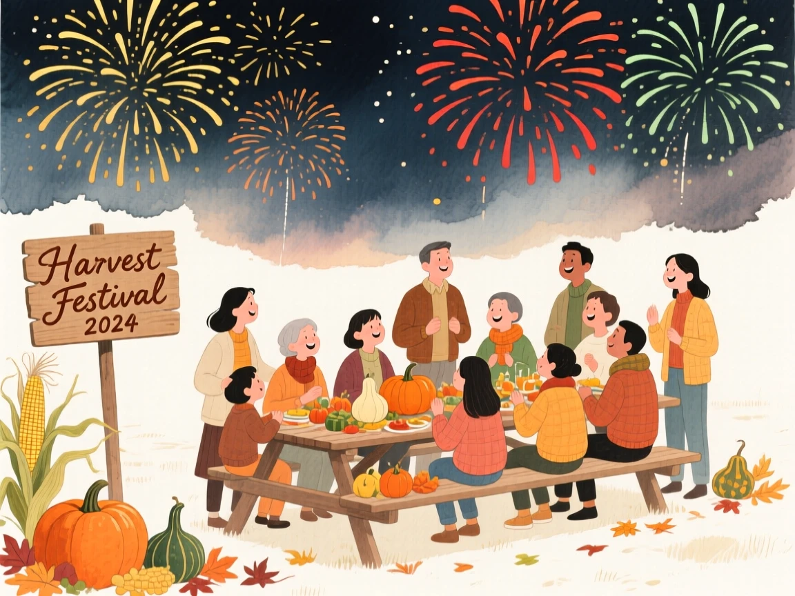A joyful scene of a harvest festival gathering, beneath a sky full of fireworks, capturing the warmth of the celebration