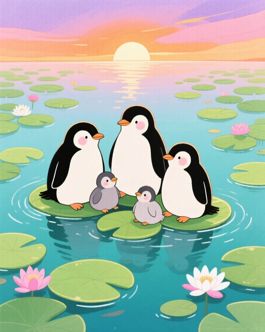 A family of penguins resting peacefully in a lily-pad covered pond at sunset.