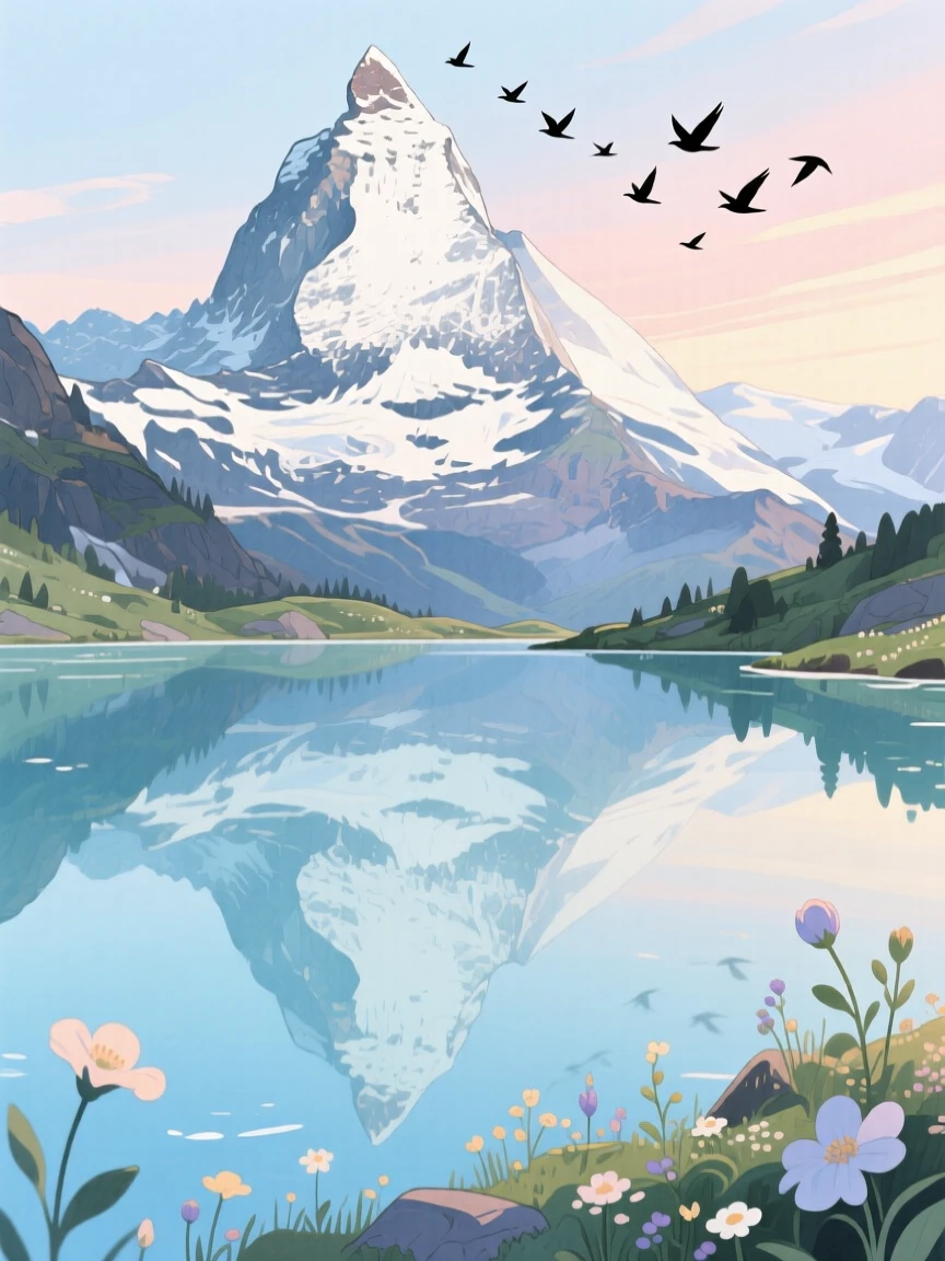 A crystal-clear alpine lake reflecting snow-capped peaks, with a flock of birds silhouetted against the sky, inspiring a sense of calm and wonder.