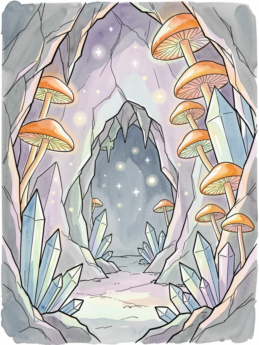 A crystal cavern lit by clusters of luminous mushrooms, stars or glowing motes drifting gently through the air.
