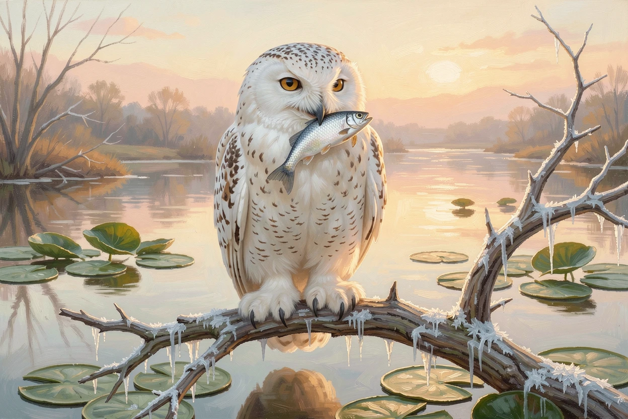 A snowy owl perched silently on a frozen branch, beside a still pond fringed with lily pads, a fish caught firmly in its beak, at sunrise, feathers catching the first golden light.