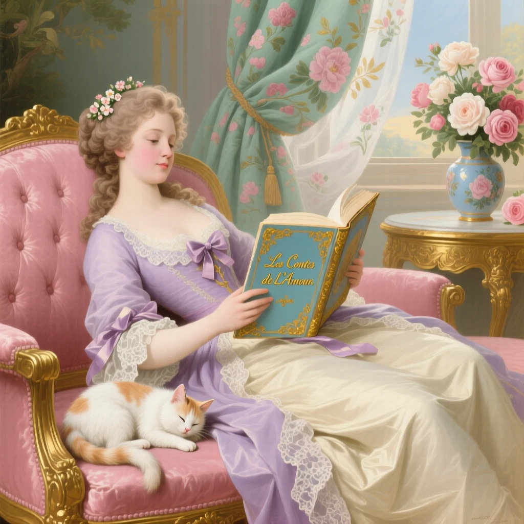 A lady resting on a velvet chaise with a book and a sleeping cat  