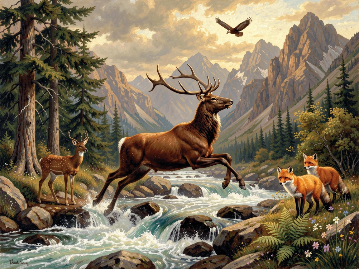 A stag leaps through a rushing mountain river while other animals gather nearby.