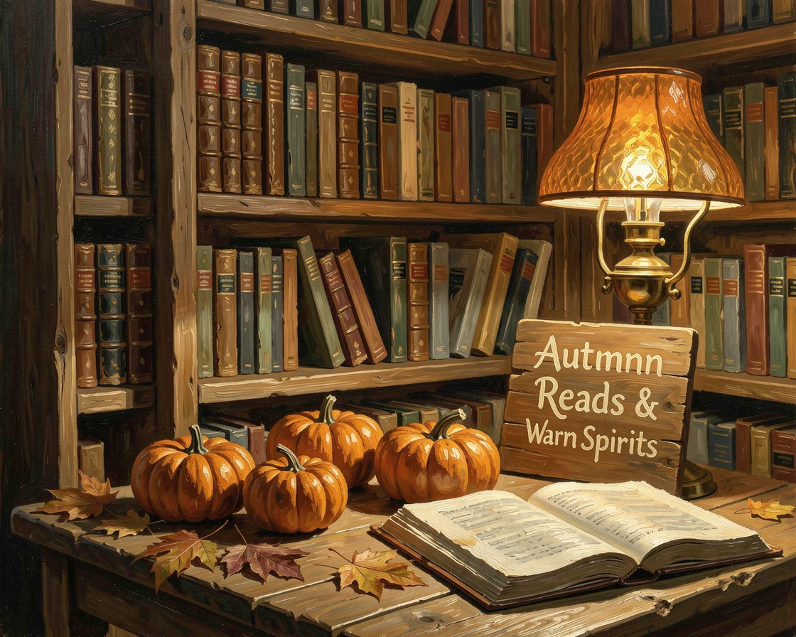A cozy autumn bookstore corner decorated with pumpkins and warm lighting, as the whole scene radiates warmth and togetherness, offering a joyful, memorable seasonal scene for any collection