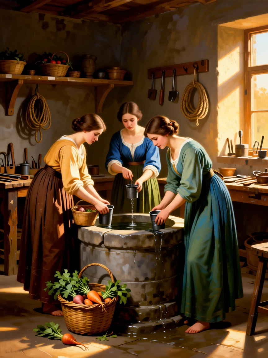 A group of women gathering water at a village well at sunrise at the gentle heart of a simple daily ritual, set within a modest workshop filled with tools and warm light, with baskets of produce, coils of rope, and tools of an honest trade; the composition finds quiet monumentality in an everyday gesture, suggesting that meaning is found in life's smallest rituals.