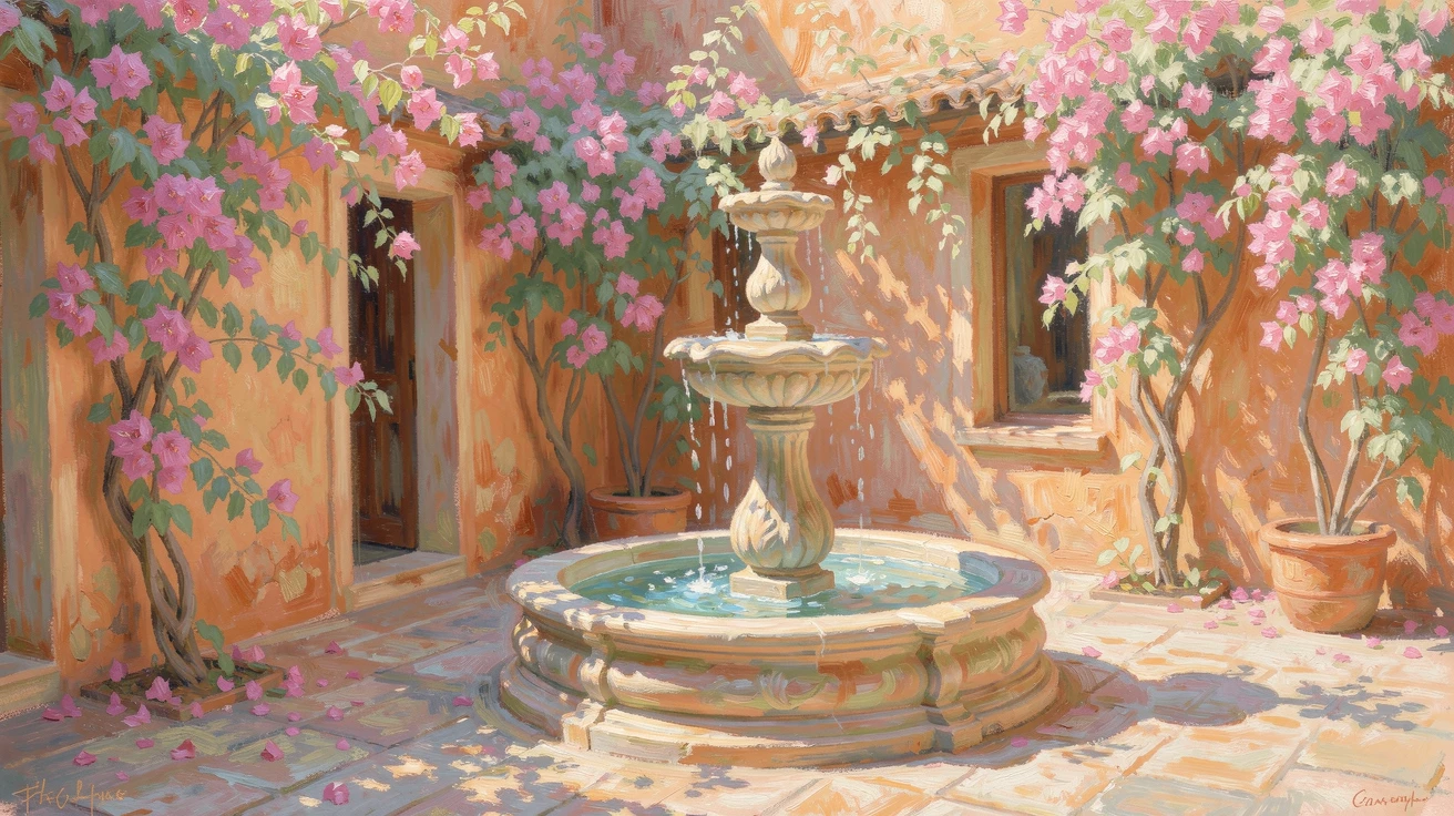 A quiet courtyard fountain in an old Spanish villa, bougainvillea climbing the surrounding walls, in early spring, evoking a sense of peace and quiet wonder.