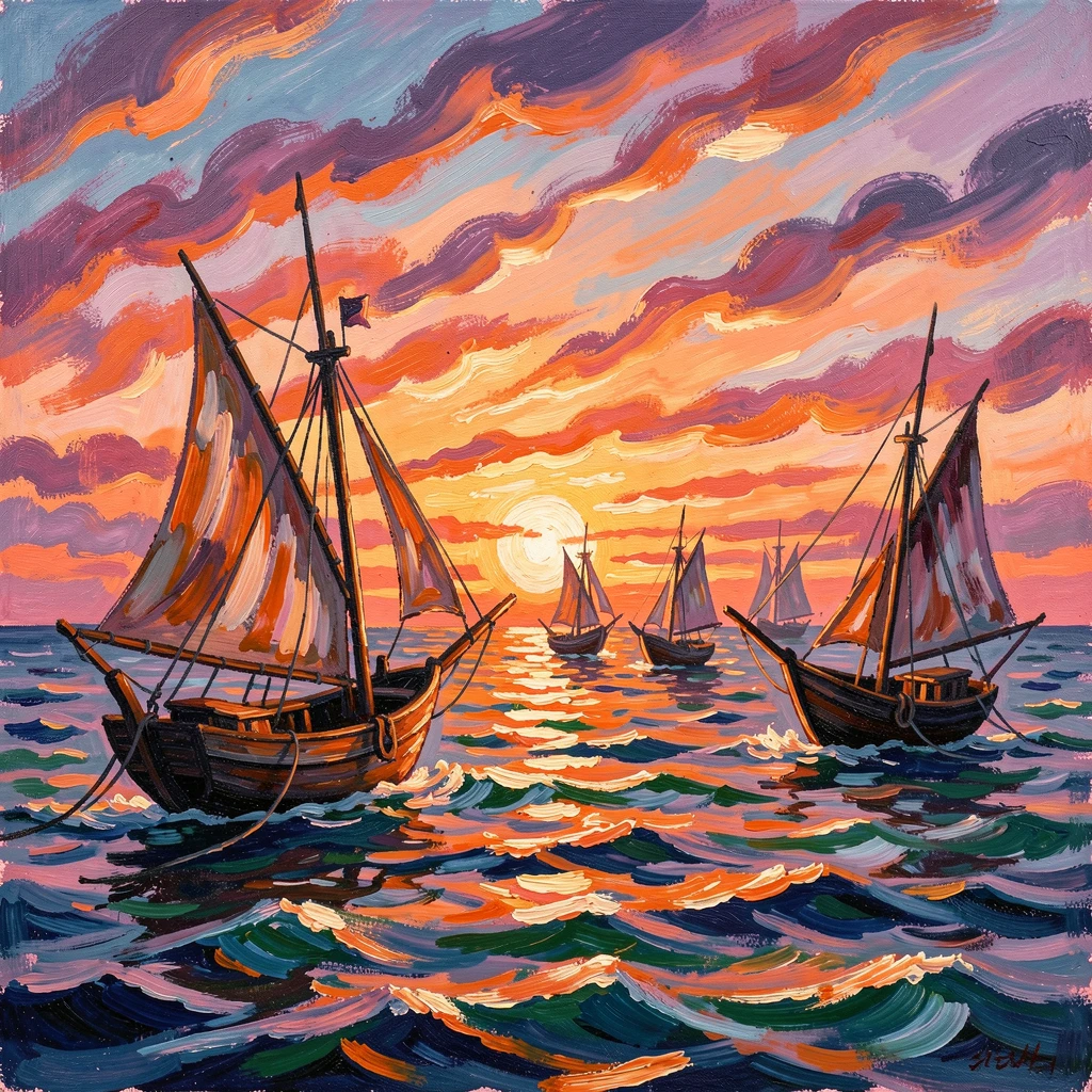 Traditional wooden dhows sailing along the coast of Zanzibar at sunset.