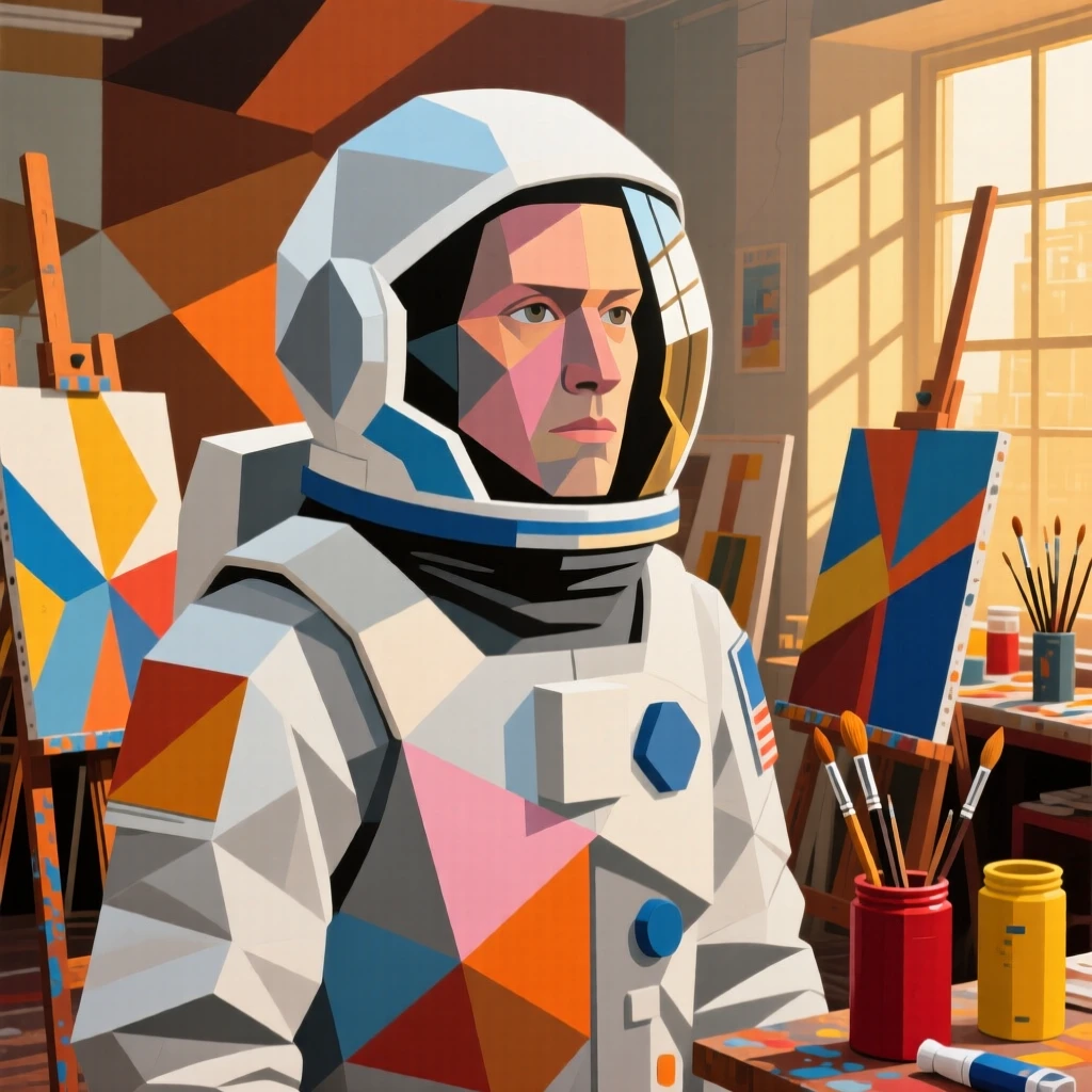A medium shot portrait of a astronaut in a bustling studio filled with warm afternoon light, focused and content in the craft.