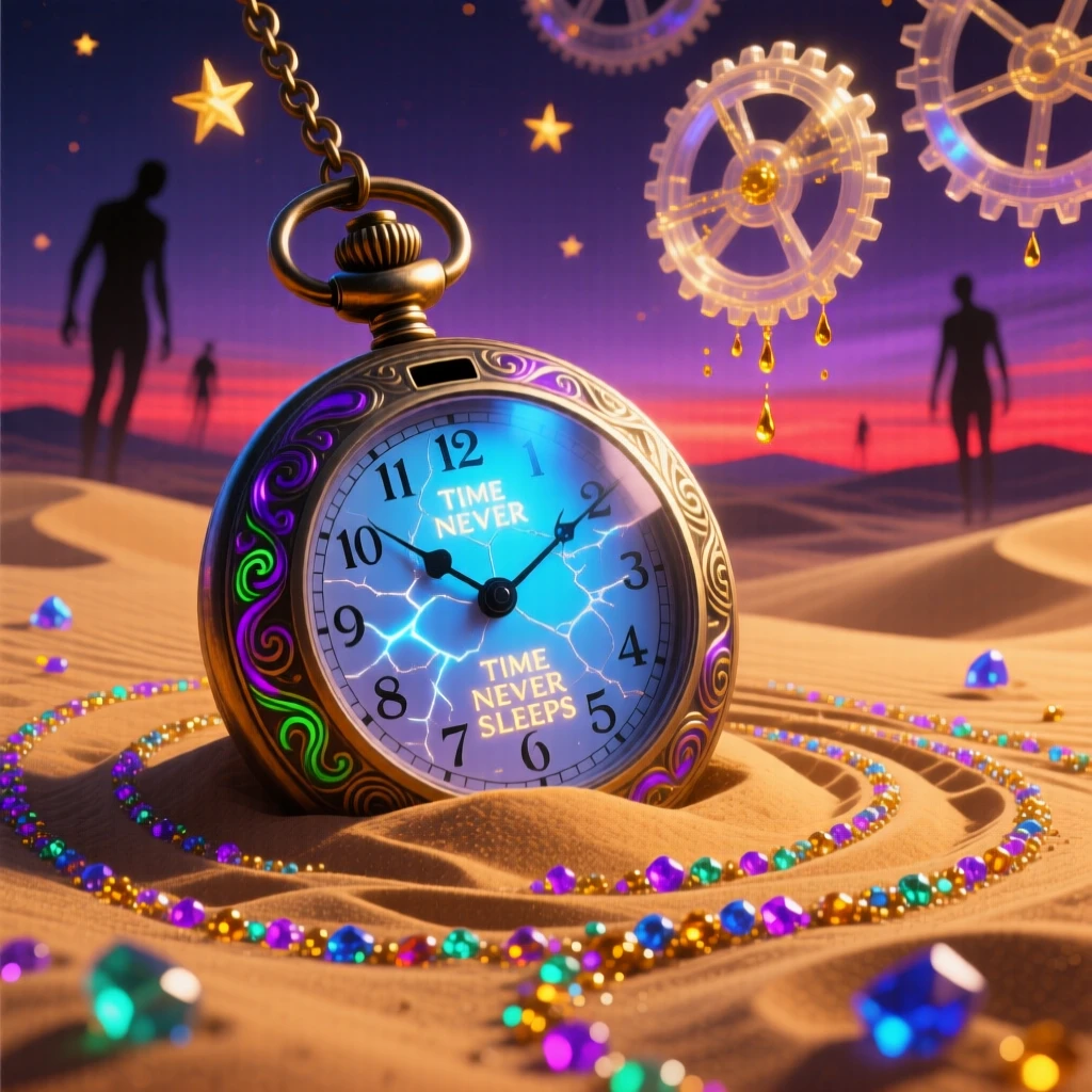 An enormous pocket watch half-buried in a sand dune rests half-buried in drifting golden sand, while tiny paths have been worn into the ground around it.