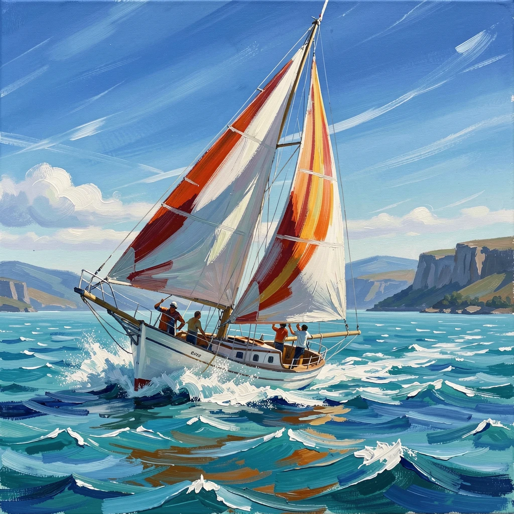 A colorful sailboat leans into the wind on open turquoise water, spray catching the sunlight as the crew adjusts the billowing sails, the vast surrounding landscape emphasizing the scale of the journey being undertaken.