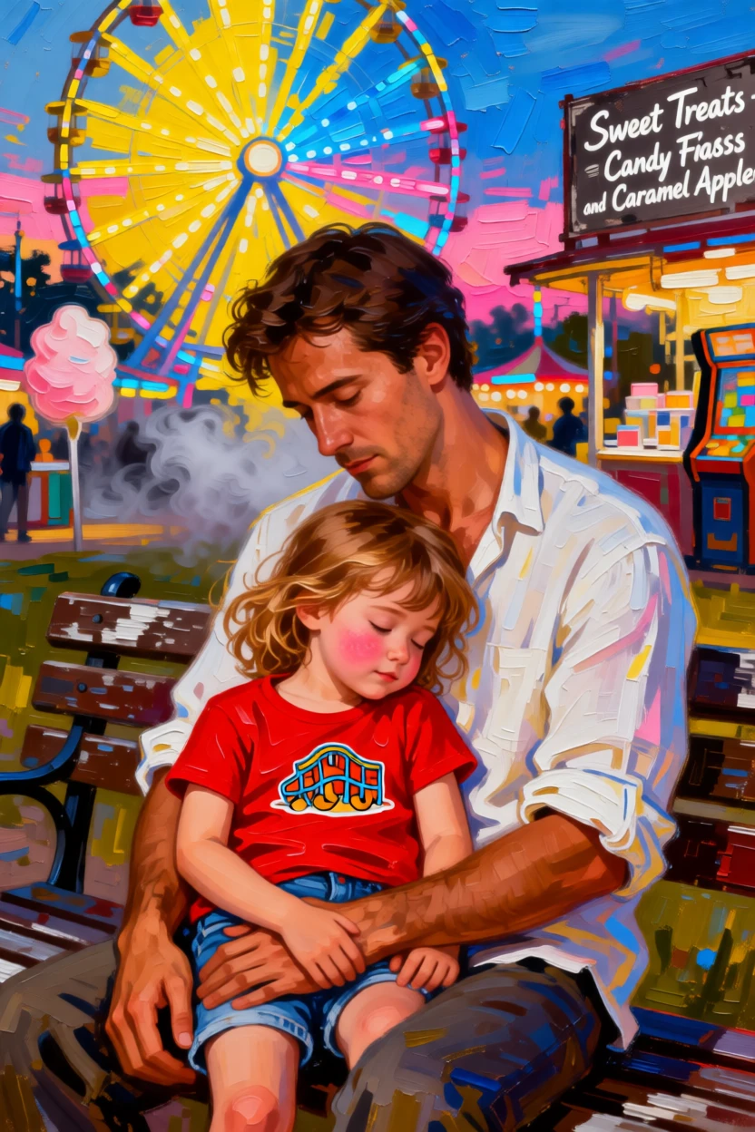A little girl asleep in her father's arms after a long day at the amusement park
