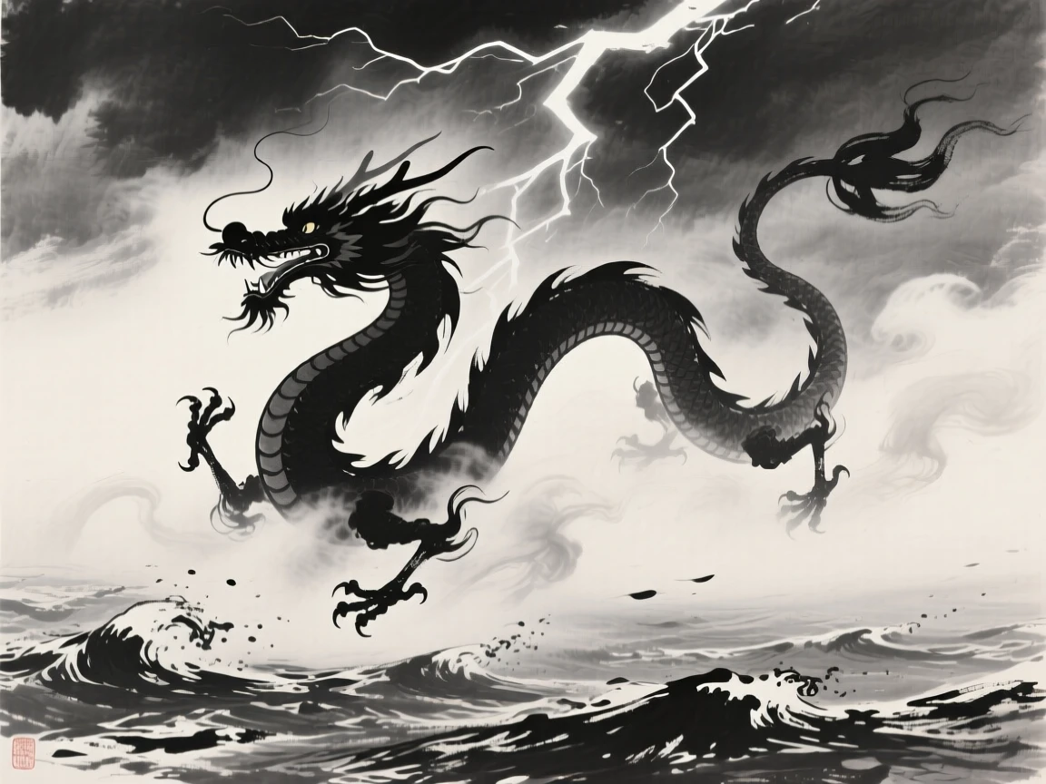 A dragon rises from the mist over a turbulent sea, as lightning flashes across the darkened sky.