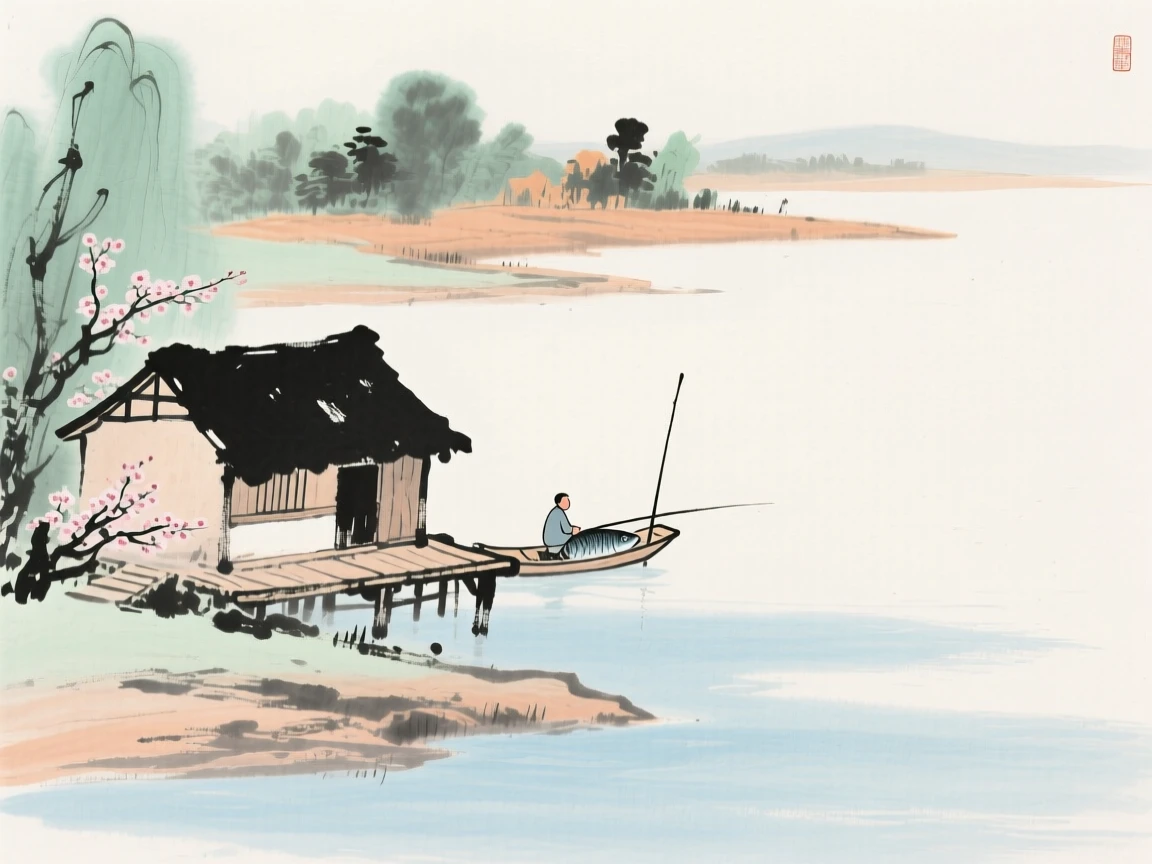 A solitary fisherman's hut perched at the edge of a quiet bay, in a warm breeze carrying the scent of blossoms.